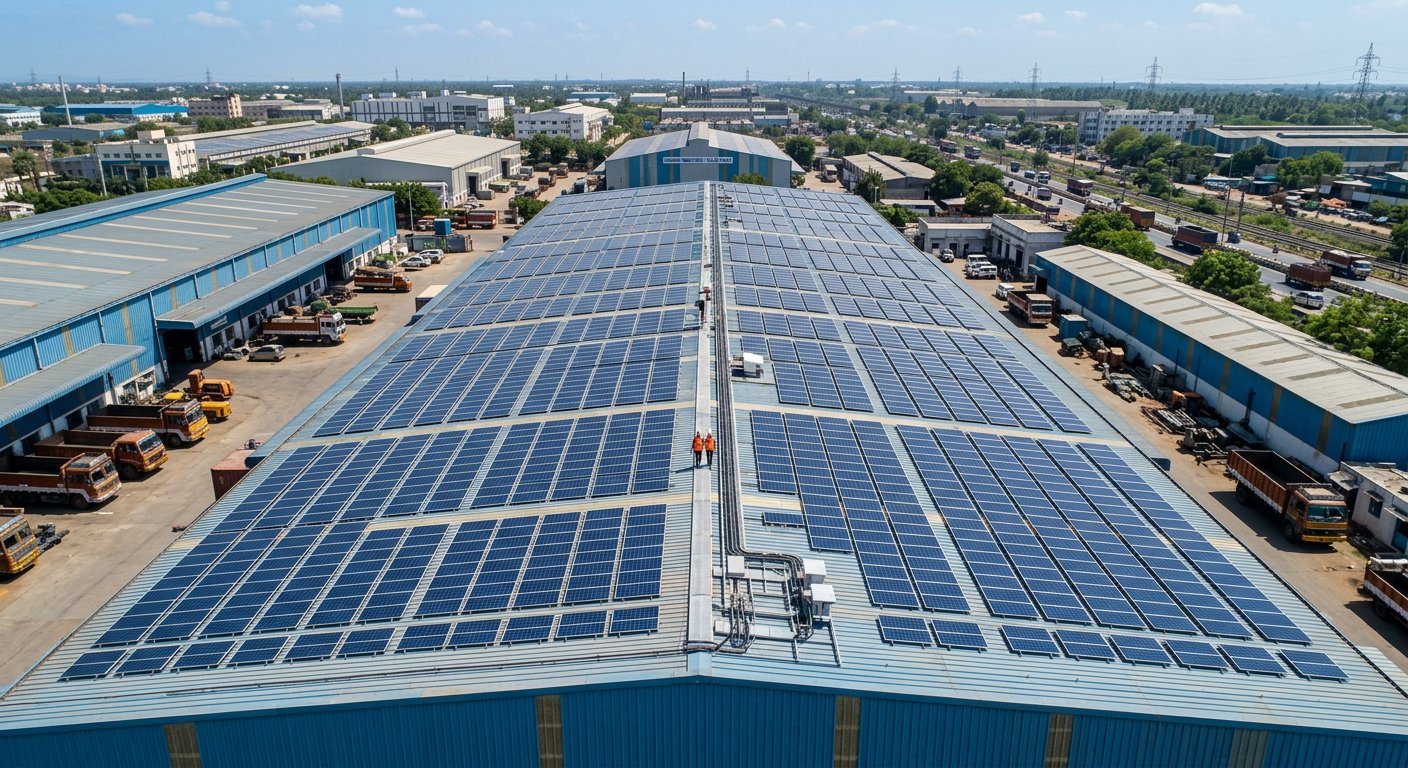 EcoHarbor Solar engineers installing a commercial rooftop solar plant on an industrial shed in Maharashtra