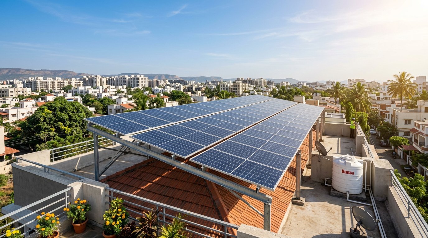 Rooftop solar panel installation on an Indian home in Maharashtra by EcoHarbor Solar
